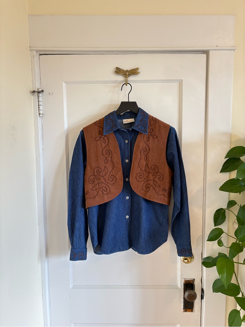 Vintage Women’s Lucille Brown Suede Western Vest over Blue Denim Shirt S